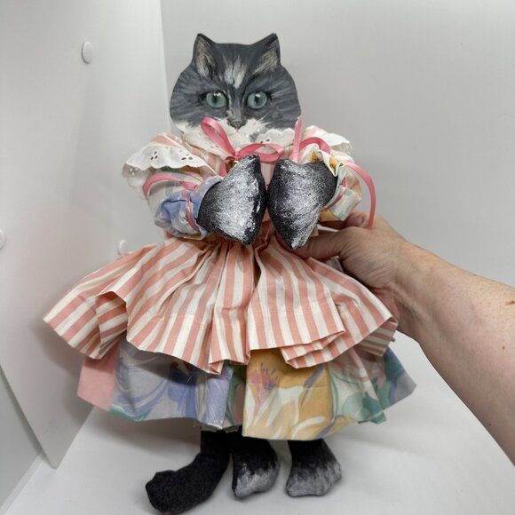 SOLD Vintage Cat Doll Handmade Hand Painted Wood Fabric Lace Art Candy Stripe - Picture 2 of 6